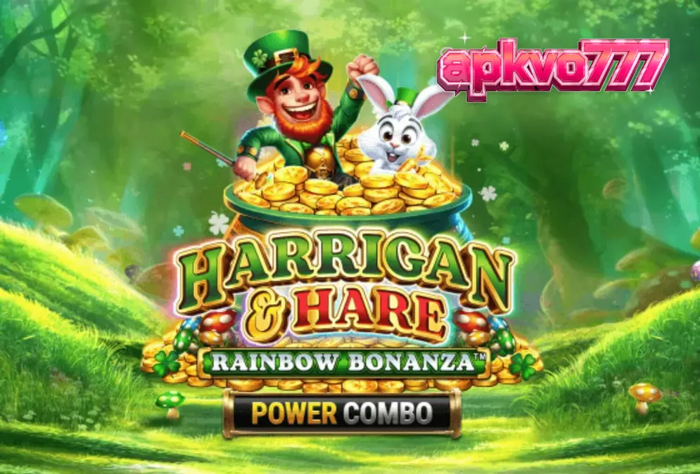Tampilan visual slot Harrigan & Hare Rainbow Bonanza Power Combo dengan latar belakang bukit Irlandia.